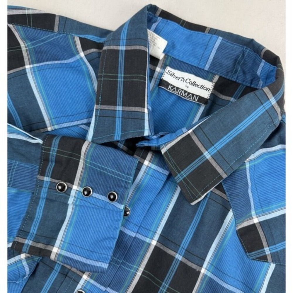 VINTAGE KARMAN Western Pearl Snap Long Sleeve Mens XL Xlarge‎ Blue & Black Plaid